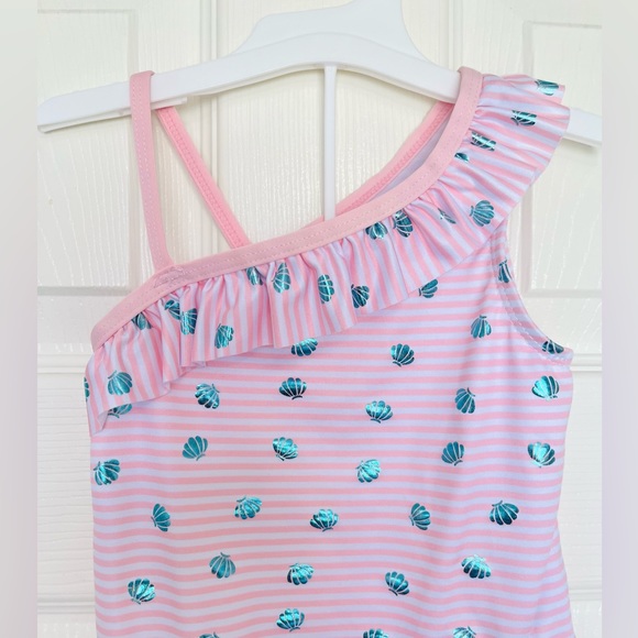 Pink Platinum Girls Baby Pink White Stripes Shell One Shoulder Swimsuit … - Picture 5 of 12